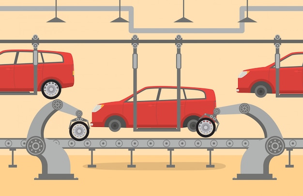 El transportador de fábrica en el ensamblaje de automóviles robots Robótica mano, brazo, dispositivo señalador.
