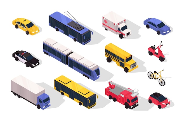 Transporte 3d mega conjunto isométrico en diseño plano Colección de elementos de isometría de taxi coche trolebús ambulancia policía auto tranvía escuela autobús scooter bicicleta camión otro Ilustración vectorial