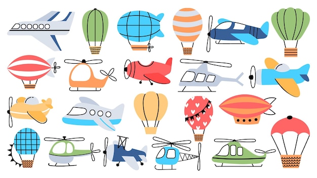 Transporte aéreo en estilo infantil, avión, helicóptero, dirigible y globo. aviones voladores para decoración infantil de niños, conjunto de vectores de viaje