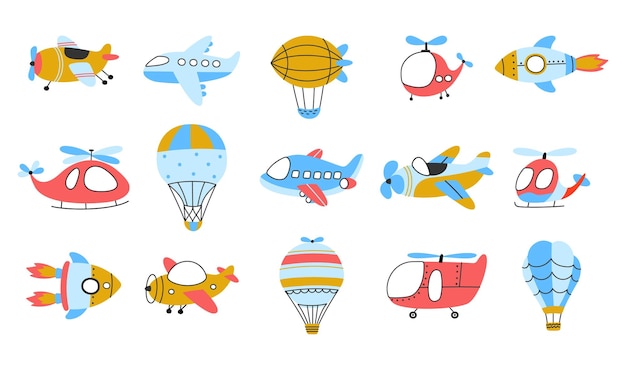 Transporte aéreo infantil Globos aerostáticos Avión y dirigible Transporte volador aislado Niños viaje o aventura en avión Hoy en día infantil vector viaje en avión
