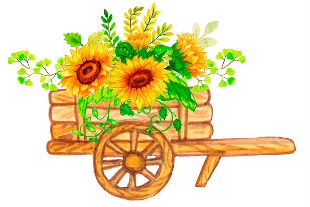 Transporte con calabazas y flores de girasol. ilustración de acuarela en estilo boho.