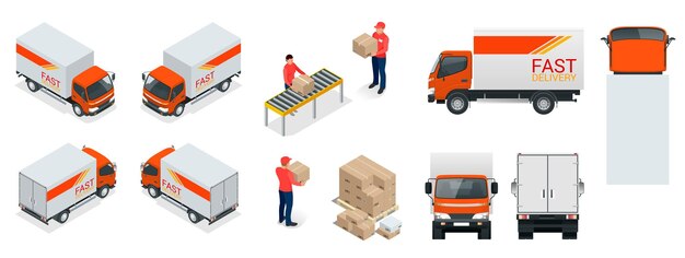 Transporte de camiones de carga, repartidor, cajas. Entrega rápida o transporte logístico. Fácil cambio de color. Vector de plantilla aislado en blanco Vista frontal, posterior, lateral, superior e isométrica.