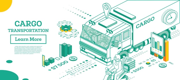 Transporte de camiones de carga Transporte comercial isométrico Ilustración vectorial Elemento infográfico del sistema logístico Coche para el transporte de mercancías Scooter con concepto de entrega de pizza