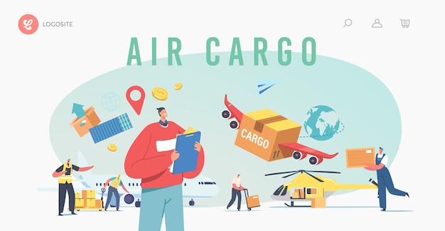 Transporte de carga aérea, plantilla de página de aterrizaje de logística de aeronaves. Entrega de mercancías por avión, helicóptero. Caracteres cargando cajas en avión para su envío. Ilustración de Vector de gente de dibujos animados