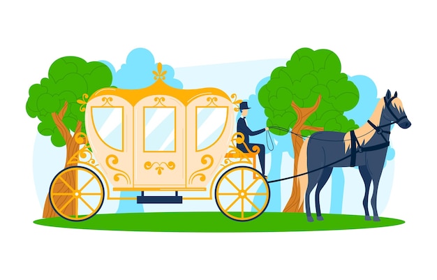 Vector transporte de carruajes con vehículos de caballos en el transporte de ilustración de vectores naturales por el viejo entrenador