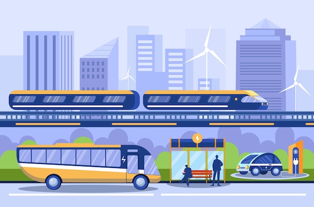 Transporte de la ciudad. Diferentes transportes públicos. Metro, metro. Plataforma de autobuses, estación de carga. Electrocar, automóvil eléctrico. Vehículos ecológicos. Ecología urbana