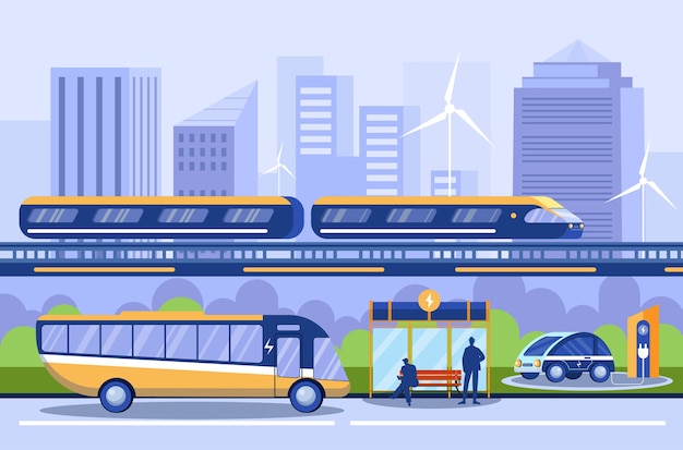 Transporte de la ciudad. diferentes transportes públicos. metro, metro. plataforma de autobuses, estación de carga. electrocar, automóvil eléctrico. vehículos ecológicos. ecología urbana