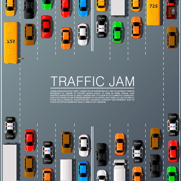 Vector transporte de coches de carretera, fondo de atasco de tráfico. ilustración vectorial