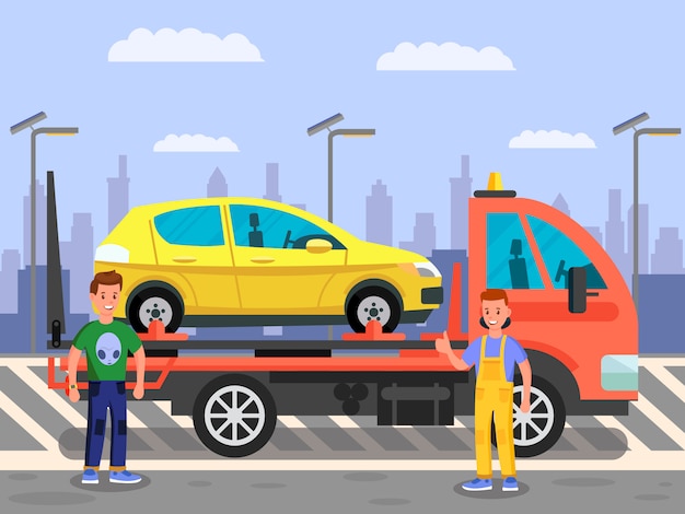 Vector transporte de coches, servicio de camiones, ilustración en color