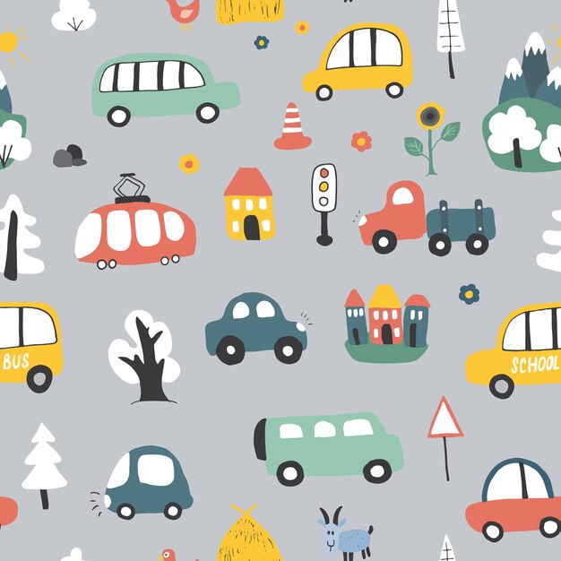 Transporte de dibujos animados de patrones sin fisuras de coches lindos garabatos vector ilustración