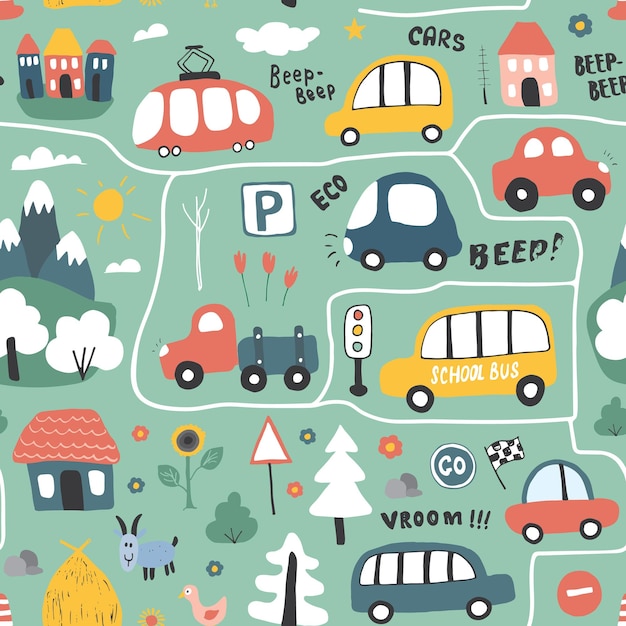 Transporte de dibujos animados de patrones sin fisuras de coches lindos garabatos vector ilustración