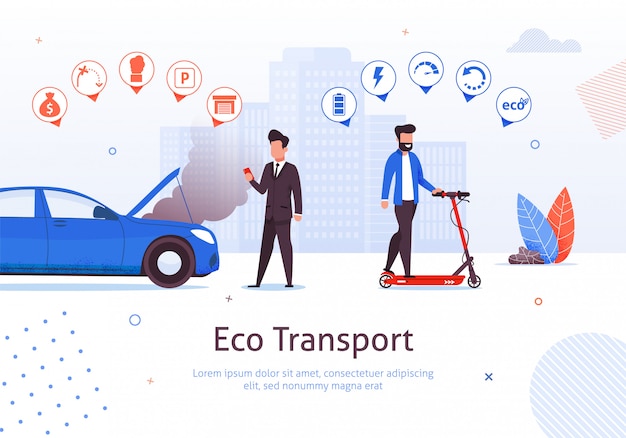 Transporte ecológico. Ejemplo del vector de la vespa eléctrica del paseo del hombre. Desventajas del coche de motor de gasolina. Contaminación del aire Problema ambiental del gas de escape. Ventajas ecológicas del vehículo. Transporte verde