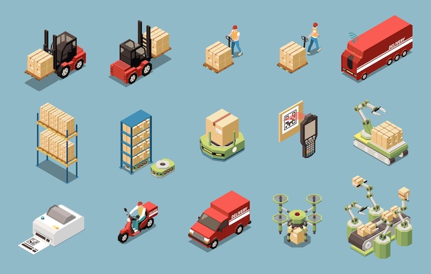 Transporte de entrega de equipos automatizados de almacén y iconos isométricos de mensajería aislados en ilustración de vector 3d de fondo azul
