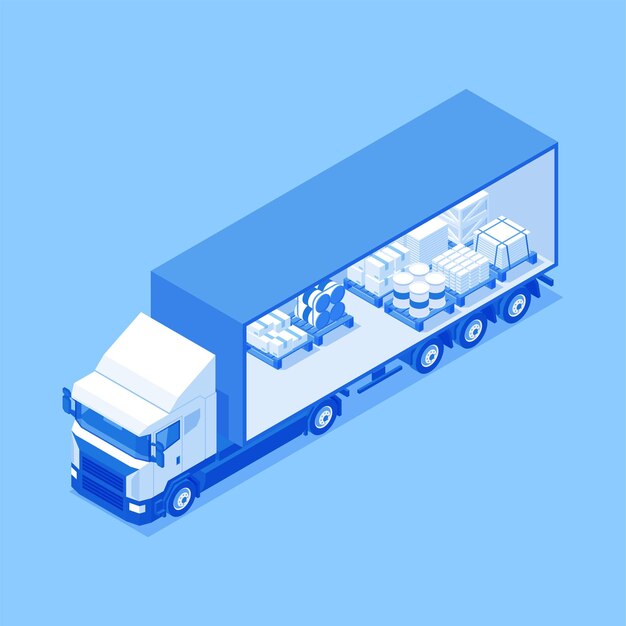 Transporte de entrega de furgonetas de carga con contenedor abierto lleno de material de construcción y barriles ilustración vectorial isométrica camión de carga automóvil comercial mercancías al por mayor envío logístico