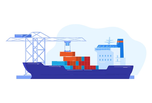 Transporte con entrega de transporte de paquetes de carga en barco ilustración de vector de negocio de envío logístico plano Paquete de caja de carga en barco