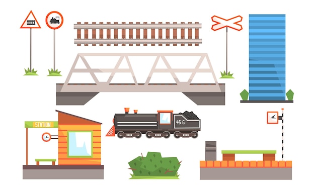 Vector transporte ferroviario conjunto señales de carretera de la estación de ferrocarril ilustración vectorial del puente de la locomotora