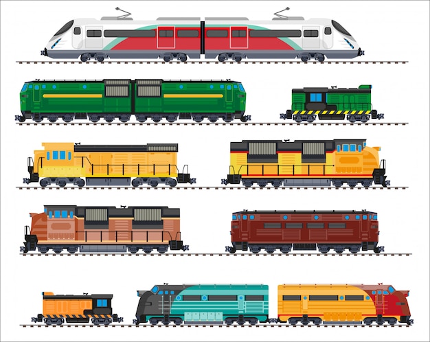 Transporte ferroviario: locomotoras, trenes, vagones.