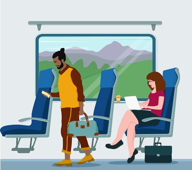 Transporte ferroviario viaje cómodo Pasajeros con equipaje en un vagón de tren eléctrico