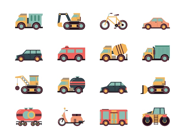 Transporte icono plano. Símbolos de transporte diferentes automóviles vehículos públicos máquinas colección de iconos de colores