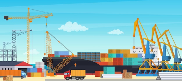 Vector transporte logístico de un buque portacontenedores con grúa industrial de importación y exportación en el patio del puerto de carga de envío. ilustración de la industria del transporte