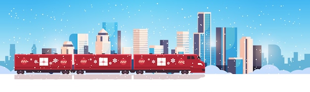 Transporte marítimo de locomotora de tren de navidad para feliz navidad vacaciones de invierno celebración concepto horizontal paisaje nevado plano