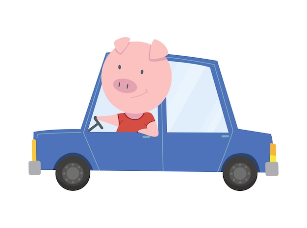 Transporte de niños de colores con lindo cerdito o cerdo. Coche de conducción de animales.