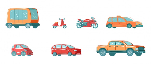 El transporte público urbano con autobús, taxi, vehículo, automóvil, automóvil y moto para la ciudad aislada en la colección de ilustración plana blanca.