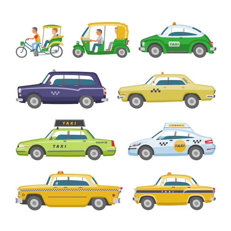 Vector transporte de taxi y taxi amarillo conjunto de ilustración de transporte de taxi de ciudad auto en taxis y taxista en automóvil sobre fondo blanco.