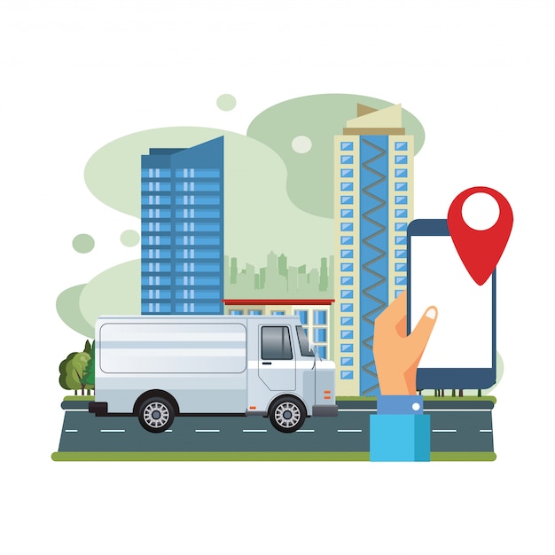 Transporte de vehículos de furgoneta blanca con ilustración de escena de smartphone y gps