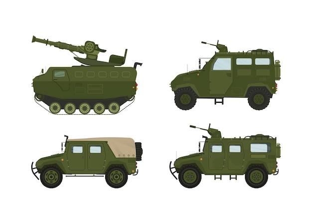 Transporte de vehículos de transporte personal en la colección de conjuntos de guerra militar Ilustración vectorial para su diseño