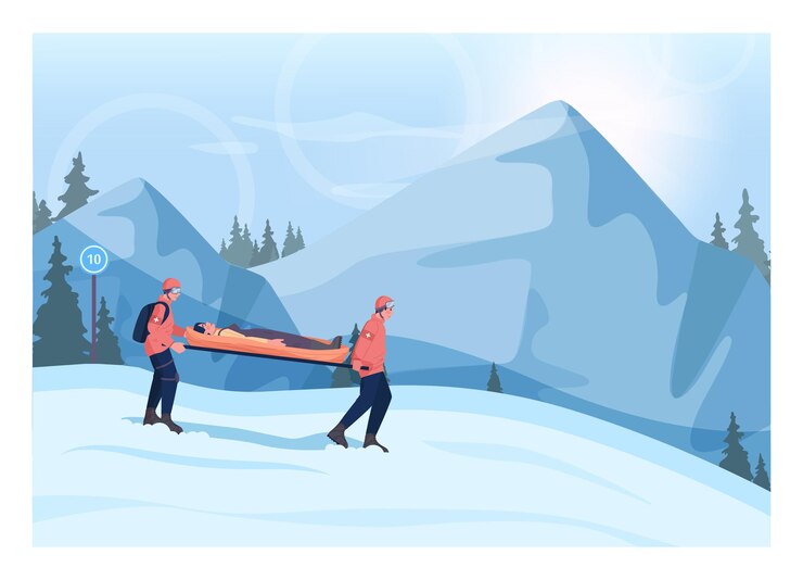 Vector un transporte para víctimas de accidentes. equipo de socorristas de la estación de esquí. funcionamiento de búsqueda de personas. salvavidas evacuando a una persona en camilla para recibir ayuda médica. ilustración vectorial plana