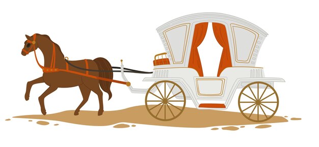 Vector transporte vintage en ciudad o pueblo, caballo aislado tirando de un carruaje elegante y lujoso. estilo antiguo y retro de transporte por carretera. paseo romántico sentado en vagón. vector en estilo plano