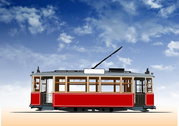 Vector el tranvía vintage rojo y beige pasa bajo el cielo azul con algunas nubes