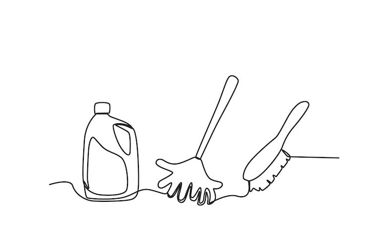 Vector un trapeador detergente y un cepillo de limpieza suministros de limpieza dibujo oneline