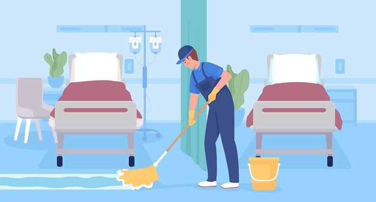Trapear las superficies del piso del hospital ilustración de vector de color plano