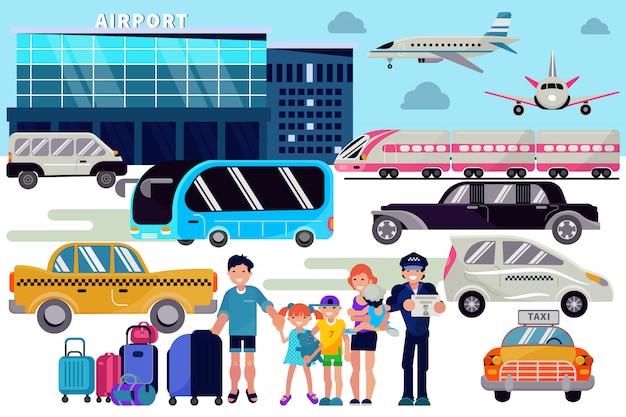 Traslado al aeropuerto personas que viajan personajes familia con equipaje en aeropuertos terminal de salida del avión transporte en taxi coche ilustración conjunto de pasajeros transporte autobús en el fondo