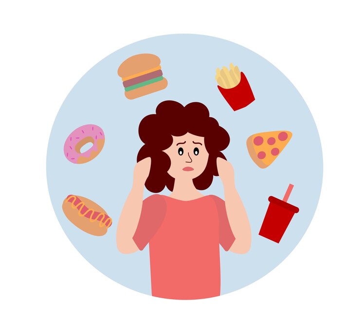Vector trastorno de la alimentación mujer triste que se preocupa por tener sobrepeso bulimia, anorexia, adicción a la comida
