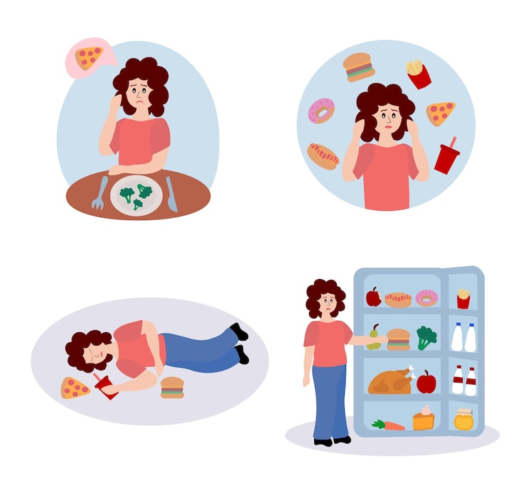 Vector trastorno de la alimentación mujer triste que se preocupa por tener sobrepeso bulimia, anorexia, adicción a la comida