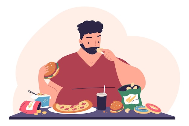 Trastorno de angustia por comer en exceso Problema de sobrealimentación grasa hambre hombre come pizza hamburguesa insalubre adicción a la comida rápida obesidad sobrepeso o enfermedad mental ilustración del concepto vectorial
