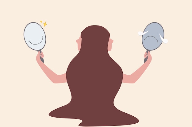 El trastorno bipolar es una enfermedad mental, la emoción mixta entre la felicidad y la tristeza expresa la personalidad conflictiva, el paciente necesita terapia psicológica regular, la mujer sostiene espejos con reflejos felices y tristes.