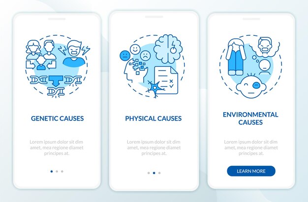 El trastorno de conducta causa la pantalla azul de la aplicación móvil de incorporación Problema mental Recorrido de 3 pasos páginas de instrucciones gráficas con conceptos lineales UI UX Plantilla de GUI Myriad ProBold Fuentes regulares utilizadas