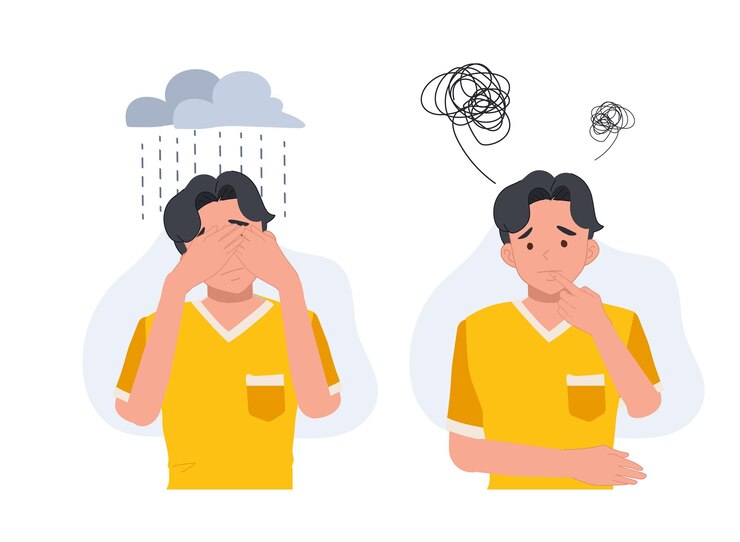 Vector trastorno mental encontrando respuestas concepto de confusión hombre que sufre de depresión cerrando la cara con las palmas en desesperación tratando de resolver problemas complejos ilustración vectorial