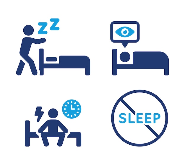 Trastorno del sueño con insomnio, sonambulismo e ilustración del conjunto de iconos vectoriales nocturnos sin dormir.