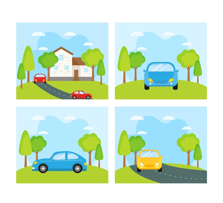 Se trata de ilustraciones con coche, casa y paisaje.