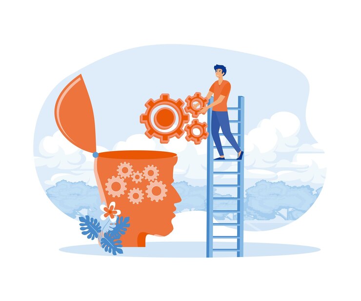 Vector tratamiento de atención de salud mental personajes diminutos con diseño de escalera cartel de bandera o medios sociales