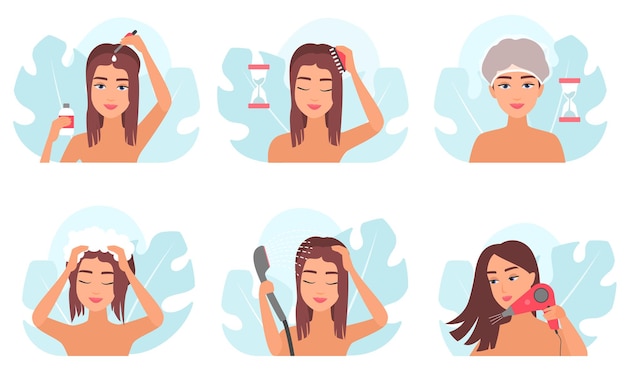 Tratamiento de belleza del cabello pasos de procedimientos de spa conjunto niñas aplican masaje de aceite con peine