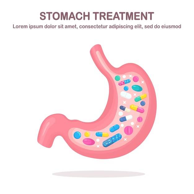 Tratamiento de estómago. Pastillas, medicamentos, fármacos y órganos internos. Sistema digestivo, tracto. Analgésico, tableta, vitamina, antibióticos farmacéuticos. Antecedentes médicos.