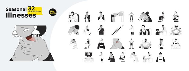 Tratamiento de la gripe estacional paquete de ilustraciones planas de dibujos animados en blanco y negro