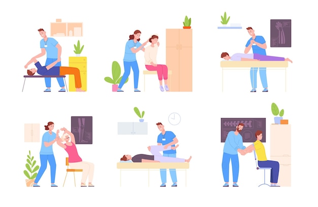 Tratamiento osteopático Masaje osteopático Fisioterapia quiropráctica o terapia manual Ajuste y rehabilitación de la columna vertebral estabilizar la manipulación Ilustración vectorial del tratamiento quiropráctico de masaje