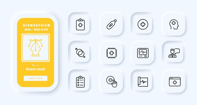 Tratar a los pacientes establecer icono Historial de casos termómetro cruz hombre mujer dispositivo médico chip cardiógrafo médico prescripción Concepto de atención médica Neomorfismo Pantallas de aplicaciones de teléfono de interfaz de usuario Icono de línea vectorial
